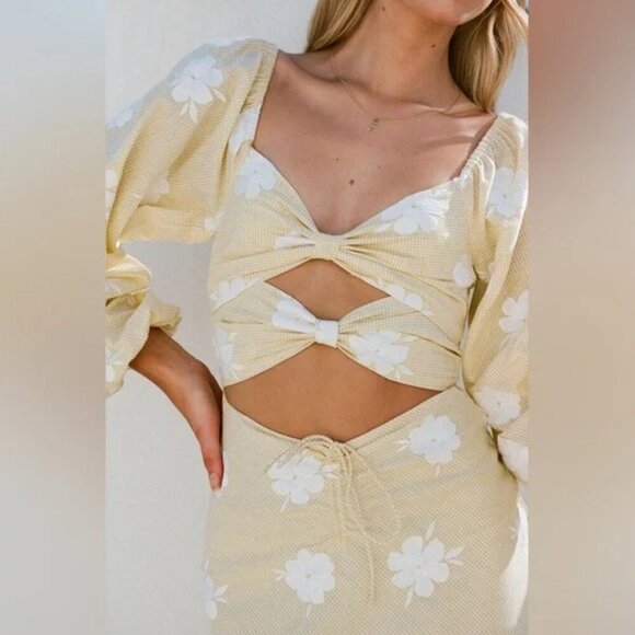 SABO Jean Maree Yellow White Cotton Gingham Floral Puff Sleeve Midi Maxi Dress - Picture 4 of 14